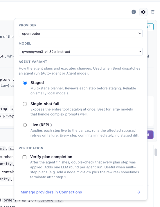 Agent variant picker and Verify-plan-completion checkbox