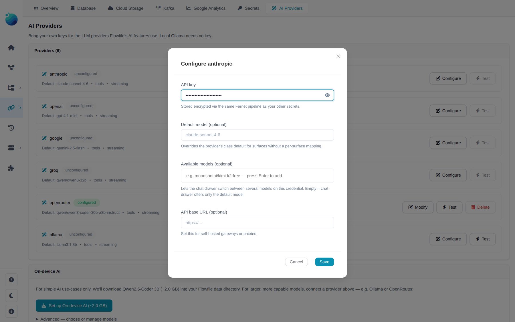 Configure form for a single provider — masked API key field, optional default model, curated models list, and API base URL