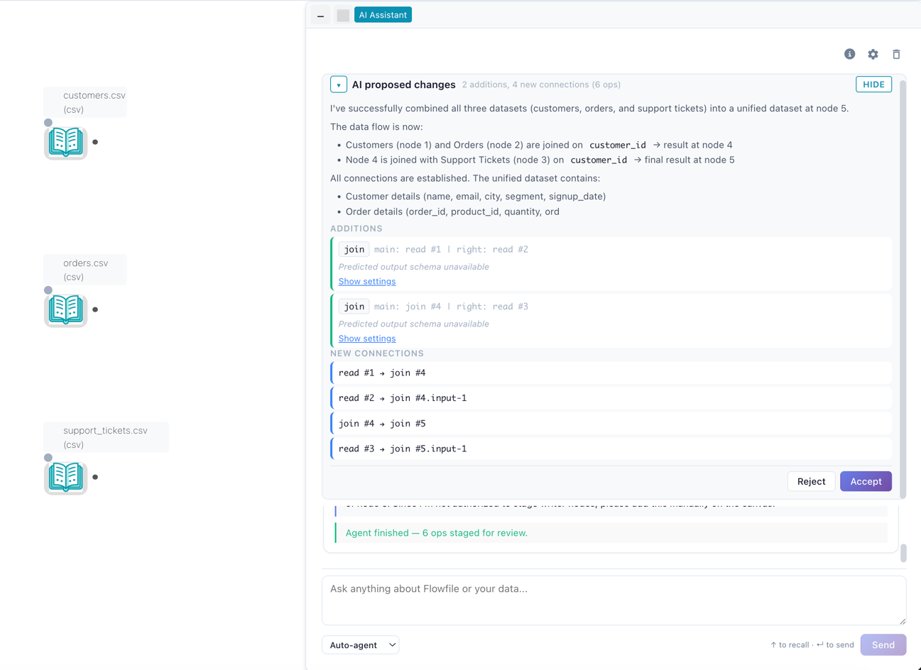 Diff preview panel with staged operations and Accept / Reject buttons
