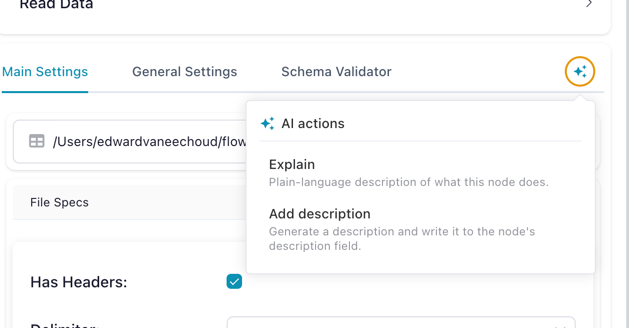 Inline ✨ actions popover — Explain / Add description (and Regenerate code on code-bearing nodes)