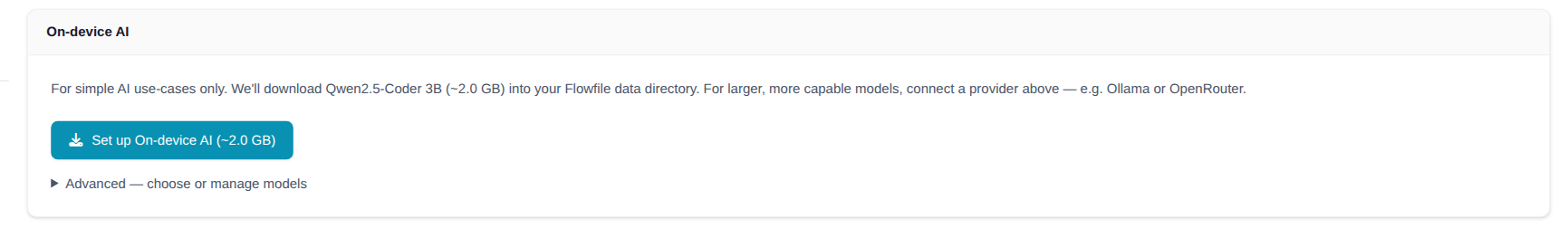 On-device AI card in Settings → AI Providers before setup — the one-click Set up On-device AI button and the collapsed Advanced section