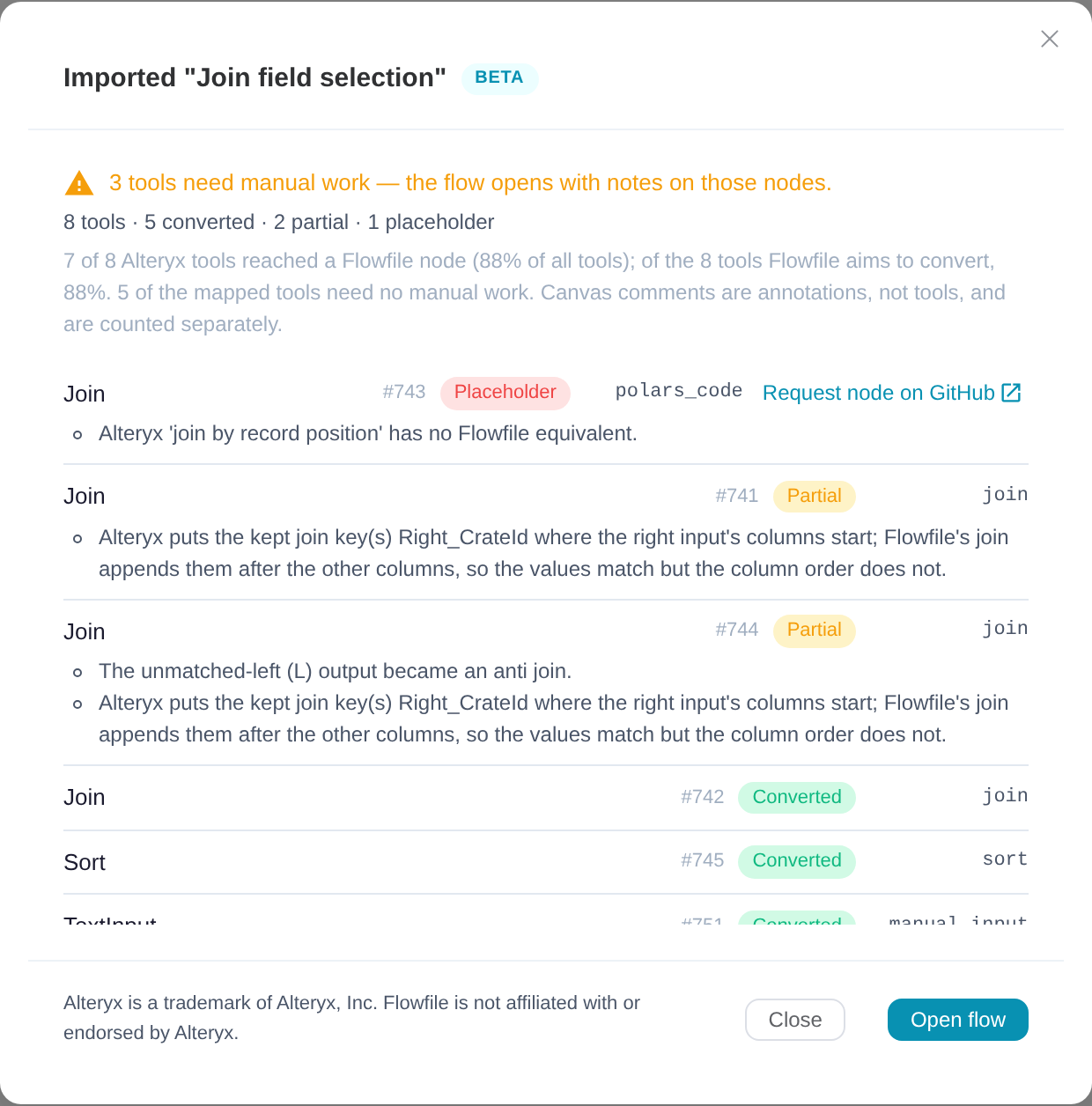 The import report: one placeholder, two partial and several converted rows, each with the reason