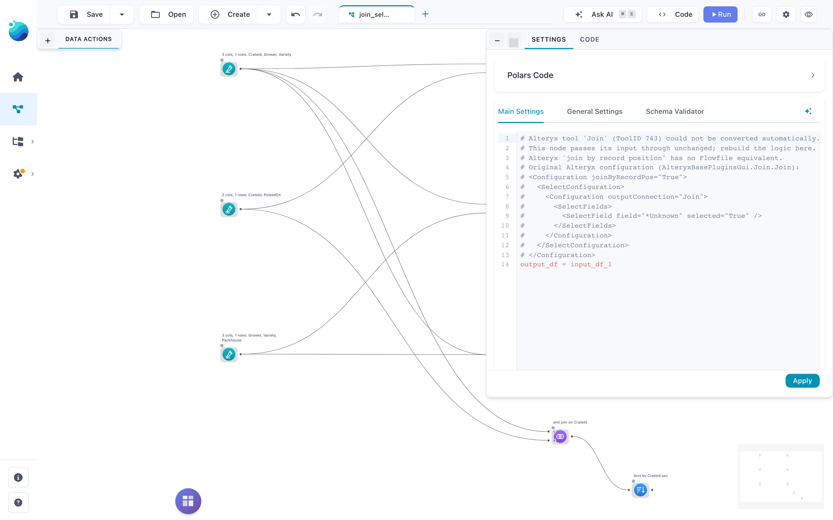 A placeholder node opened: the Polars Code settings show the reason and the original Alteryx configuration as comments