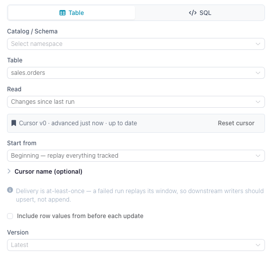 Catalog Reader set to "Changes since last run", showing the cursor status line and Reset cursor button
