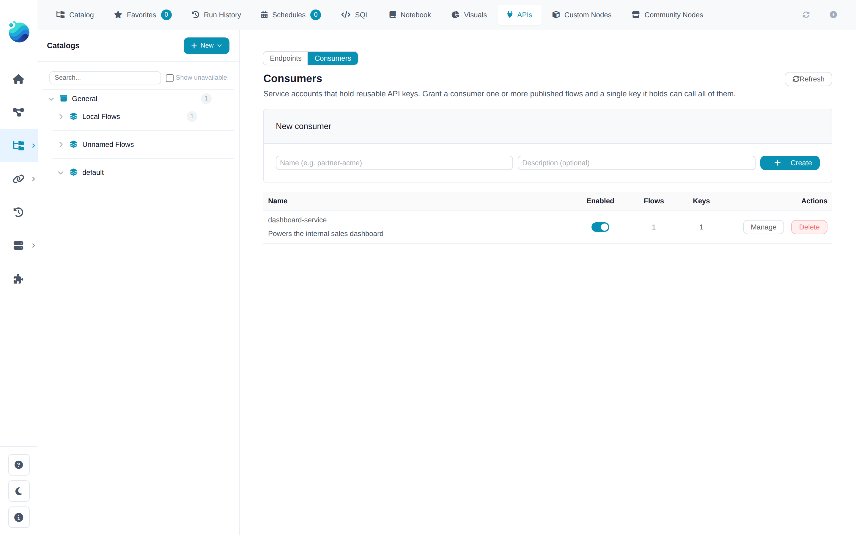 The Consumers view of the APIs tab: a new-consumer form and a dashboard-service consumer with one granted flow, one key, and an enabled toggle.