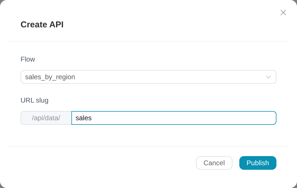 The Create API dialog: a dropdown with the API-ready flow selected and a URL-slug field prefixed with /api/data/.