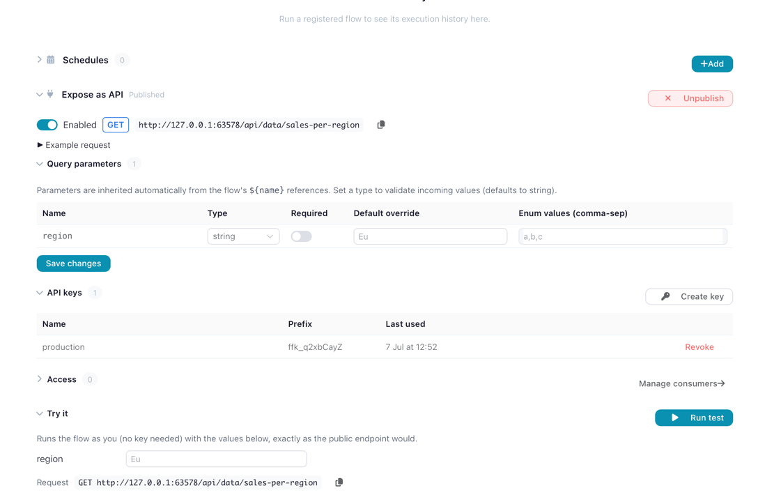The Expose as API panel of a published flow: the enabled GET endpoint URL, a query-parameters table inherited from the flow parameters, API keys with create and revoke actions, and a Try it section that runs the endpoint with test values.