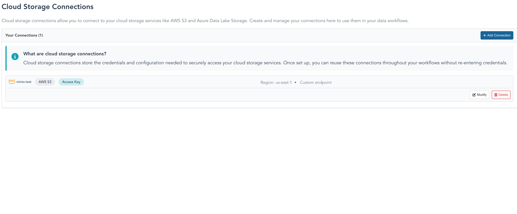 Cloud storage connection page