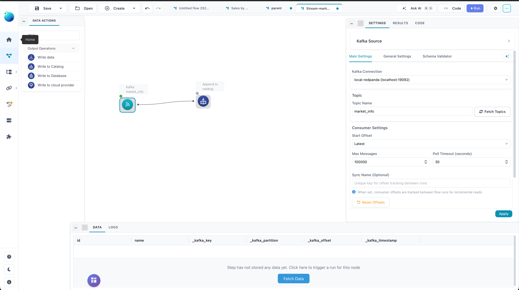 The Kafka Source node settings panel: connection, topic, start offset, and sync name.