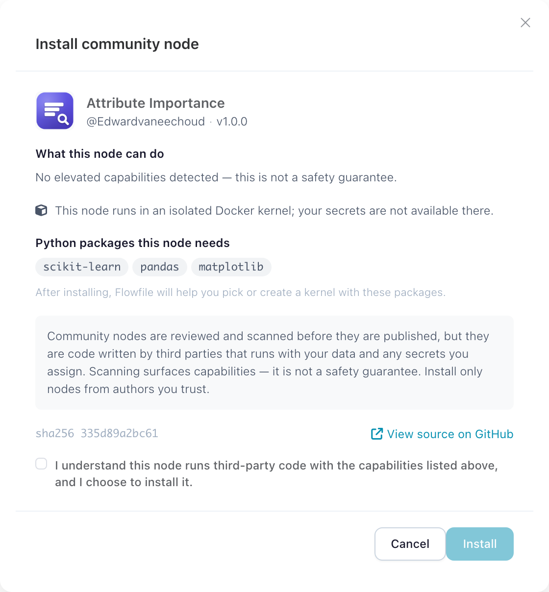 The consent dialog: capabilities, risk statement, sha256, acknowledgement checkbox