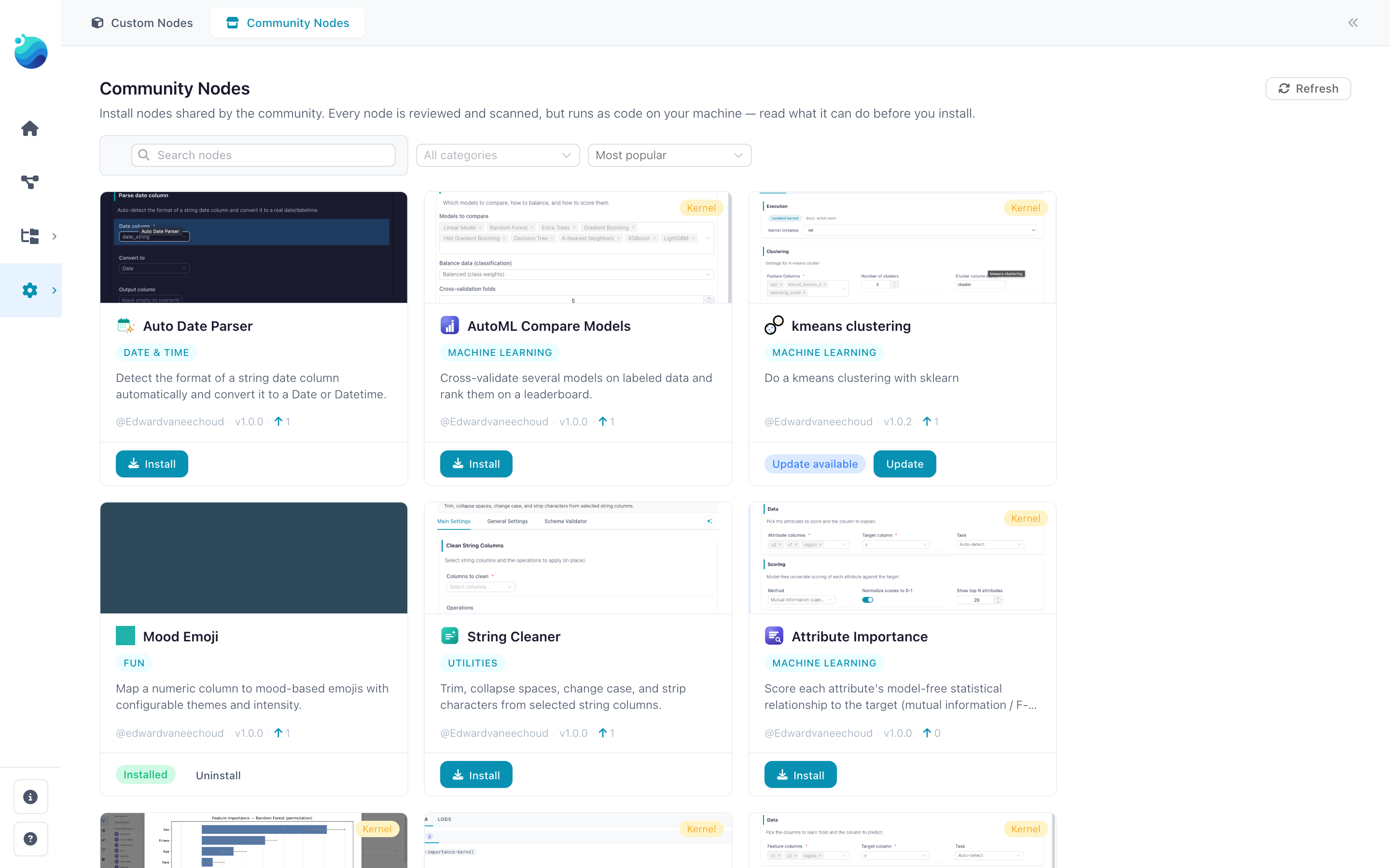 The Community Nodes page: a searchable grid of node cards