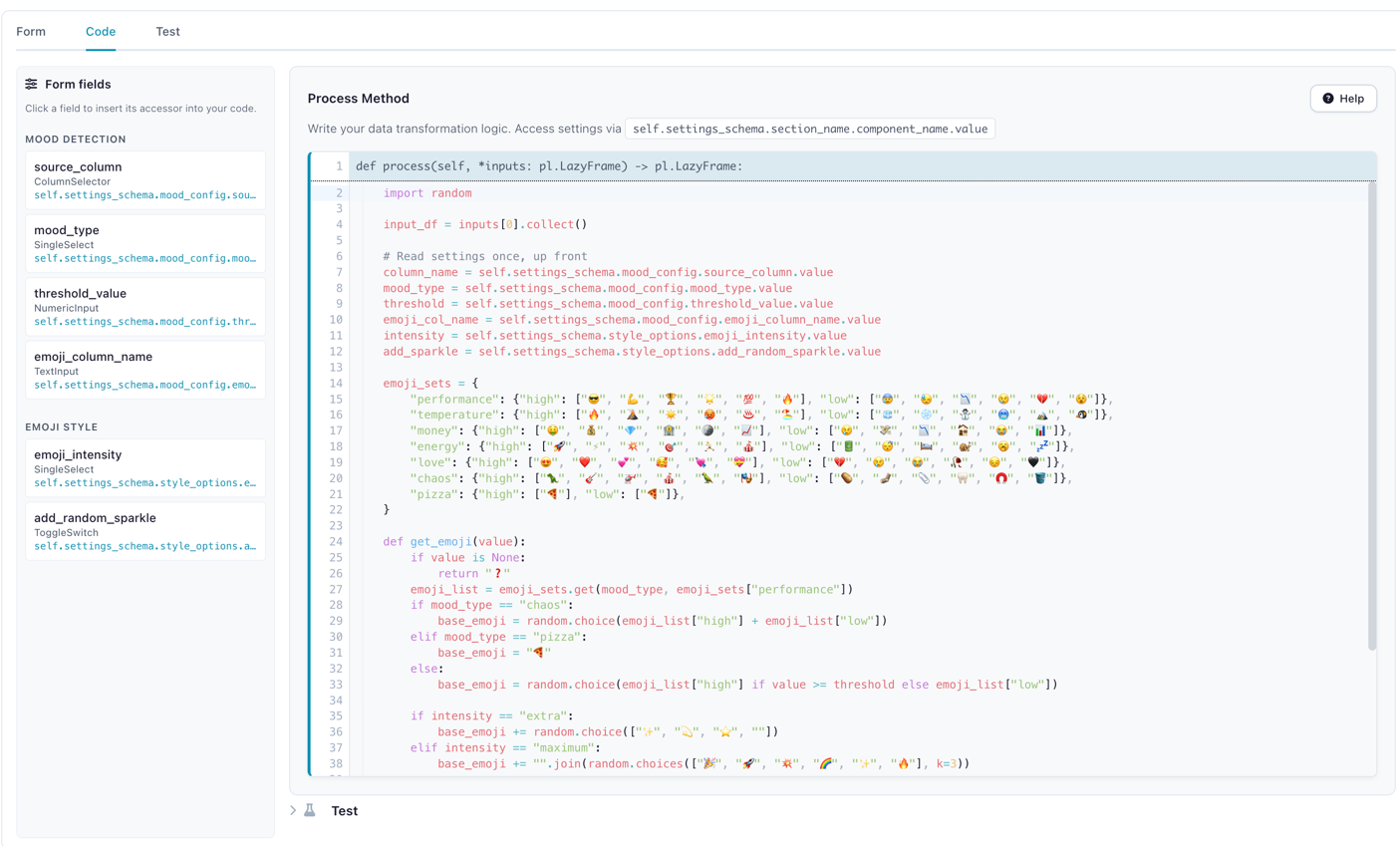Code tab with the process body