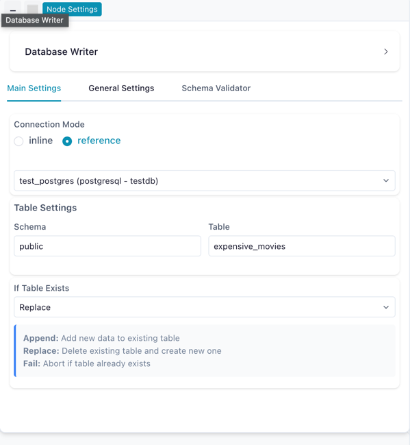 Database Writer settings
