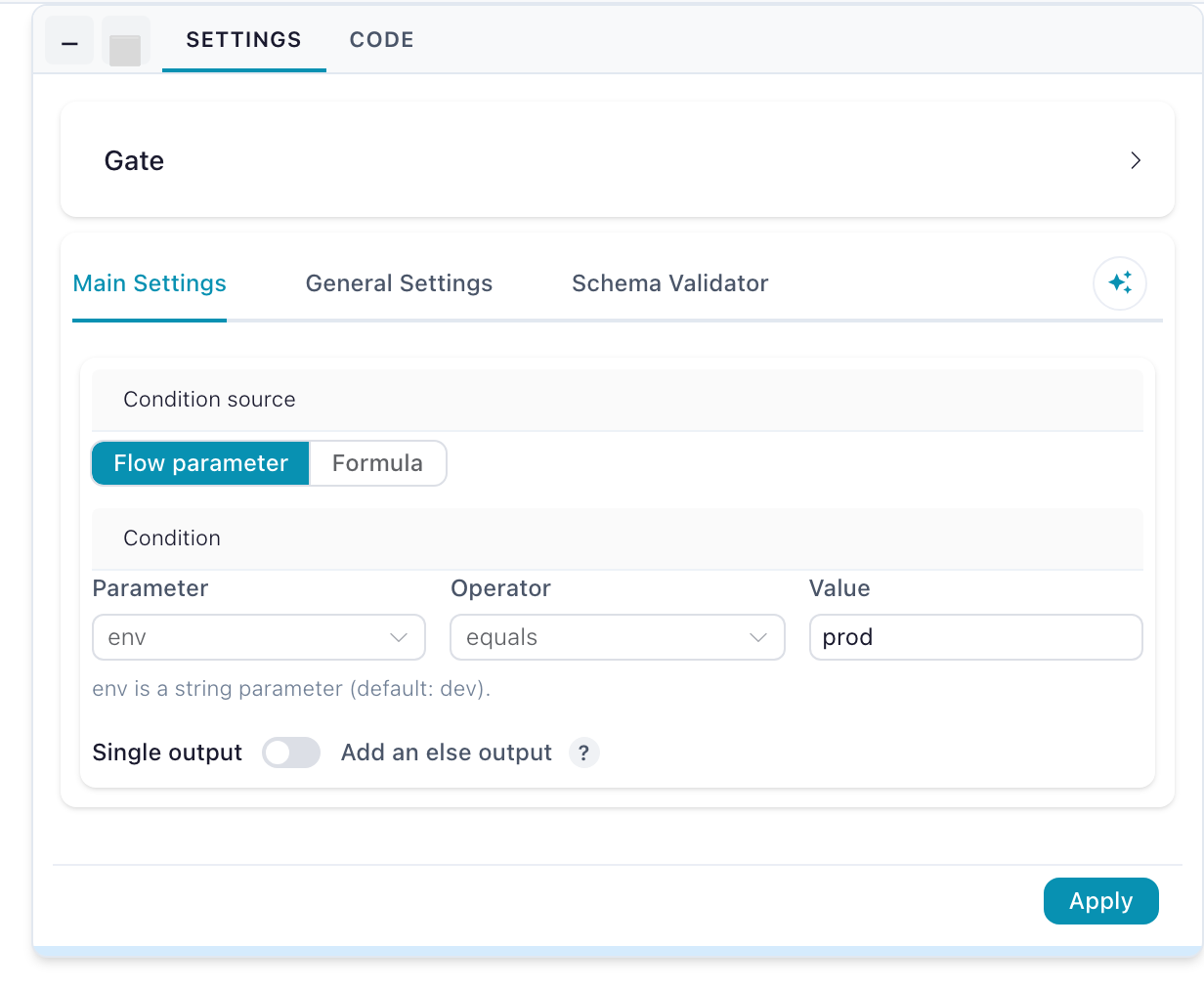 Gate settings in parameter mode: the Condition source toggle and the Parameter, Operator, and Value row