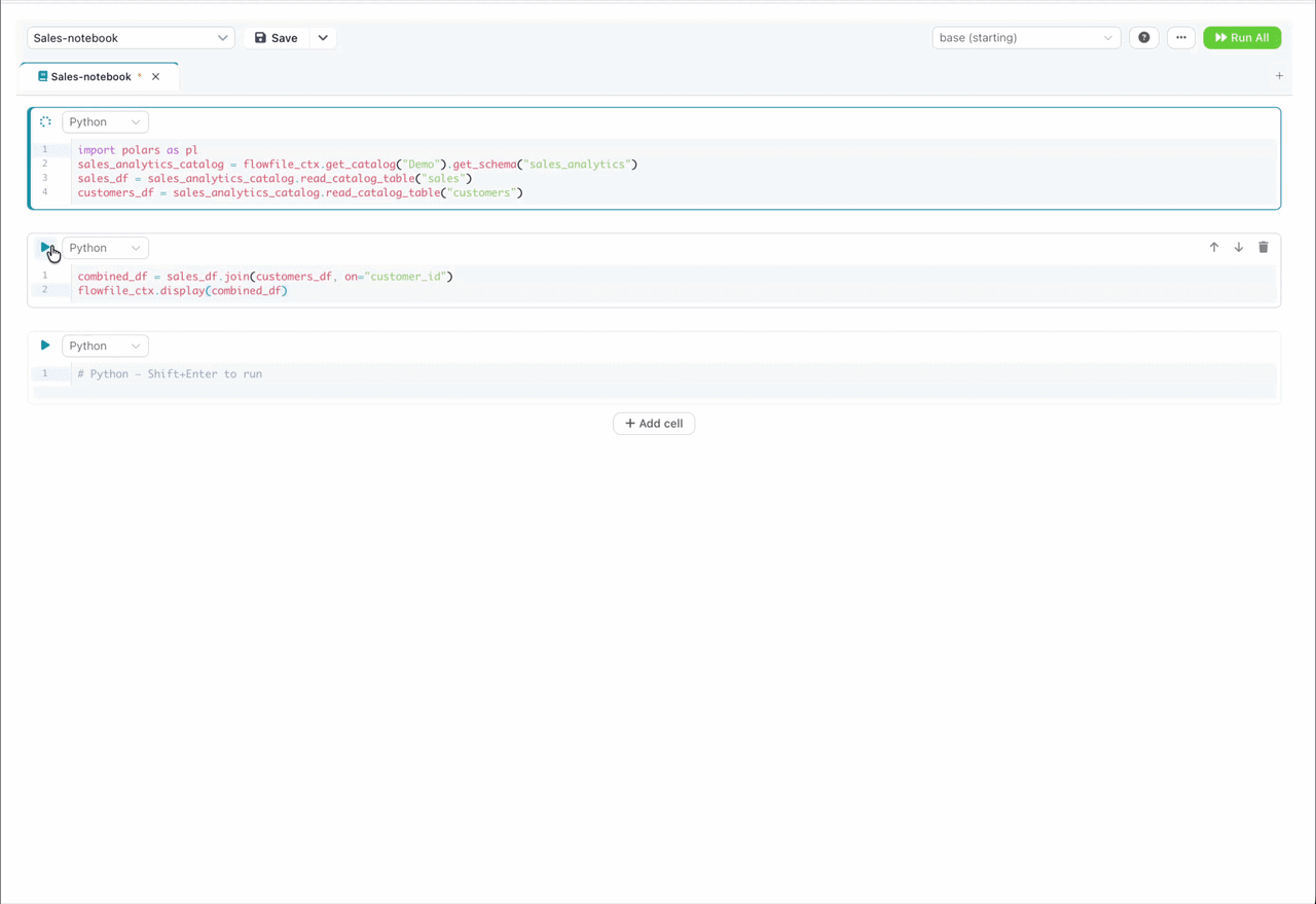 A catalog notebook cell running flowfile_ctx.read_catalog_table, then display and explore, with the interactive table and Graphic Walker explorer rendering live beneath the cell