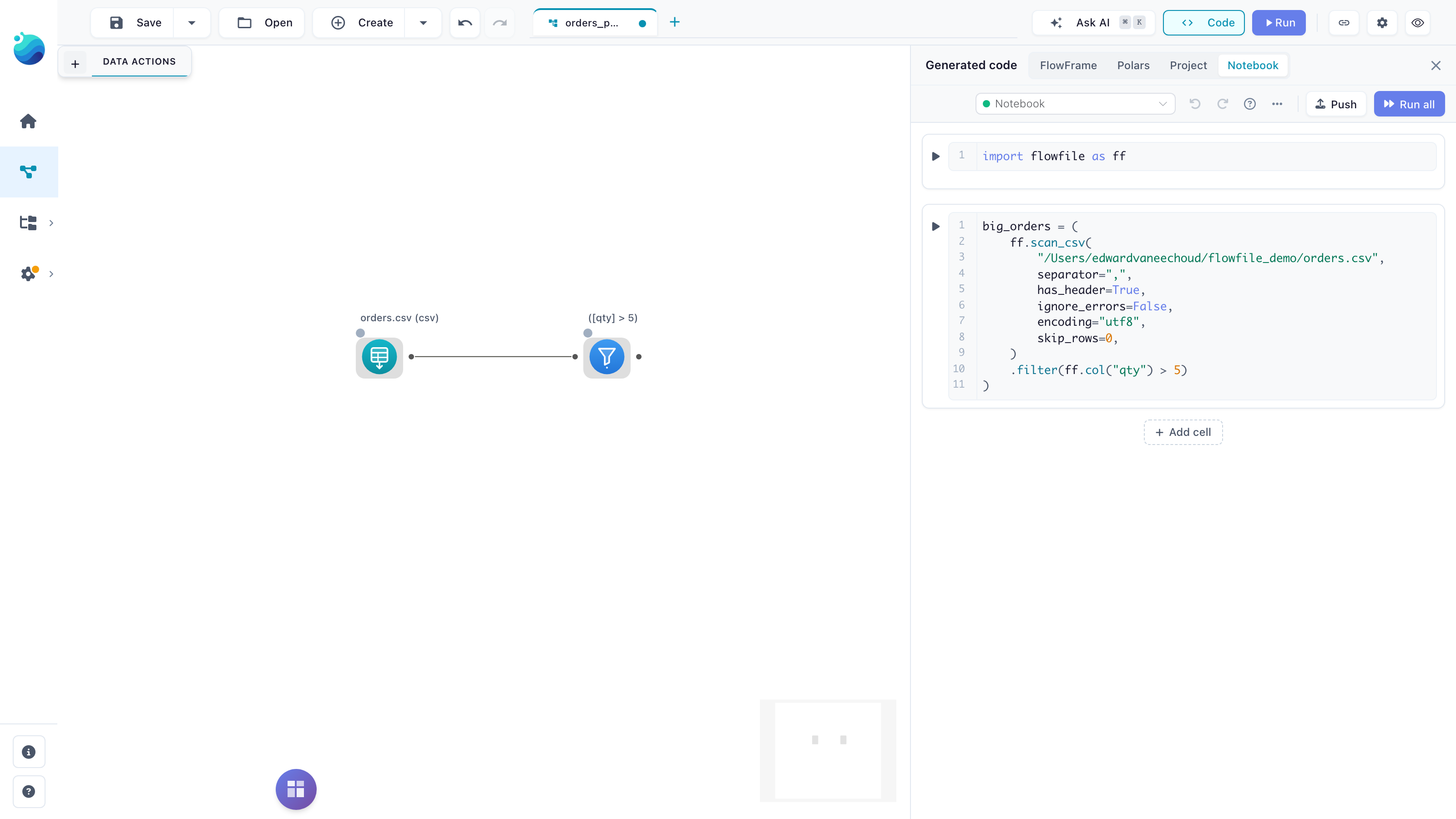 After a push, the canvas shows a CSV reader connected to a filter node labelled [qty] > 5, and the notebook shows the two as one cell: big_orders = ff.scan_csv(...).filter(ff.col("qty") > 5)