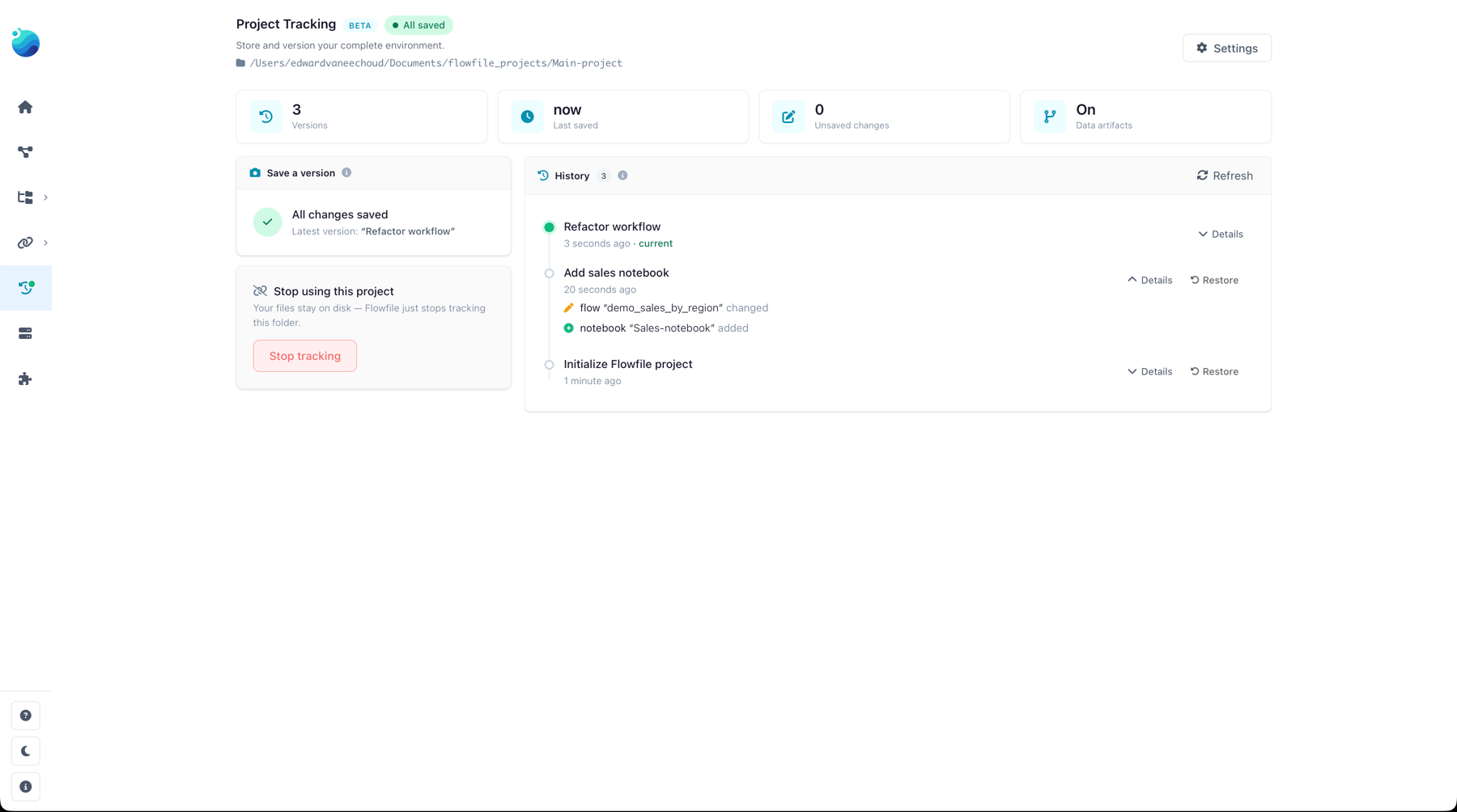 The project panel in the app: the active project name, its version history, and the save, restore, and reload-from-disk controls.