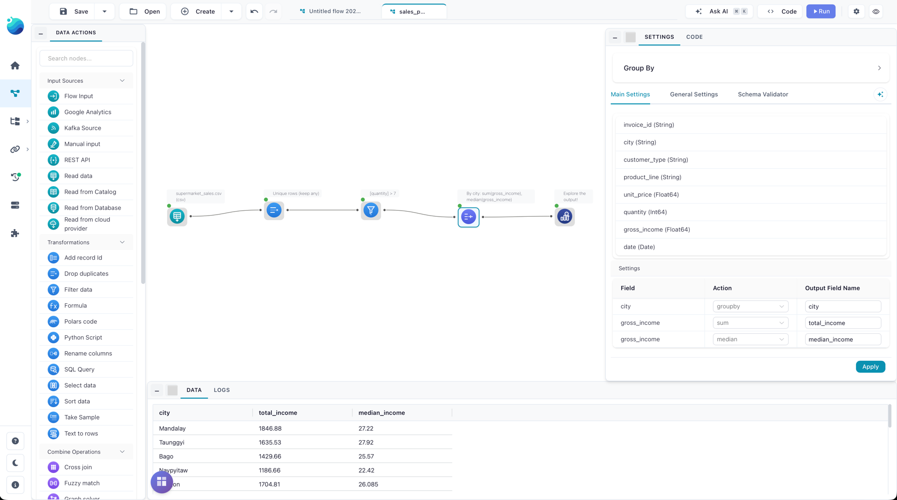 The finished five-node sales pipeline on the canvas.