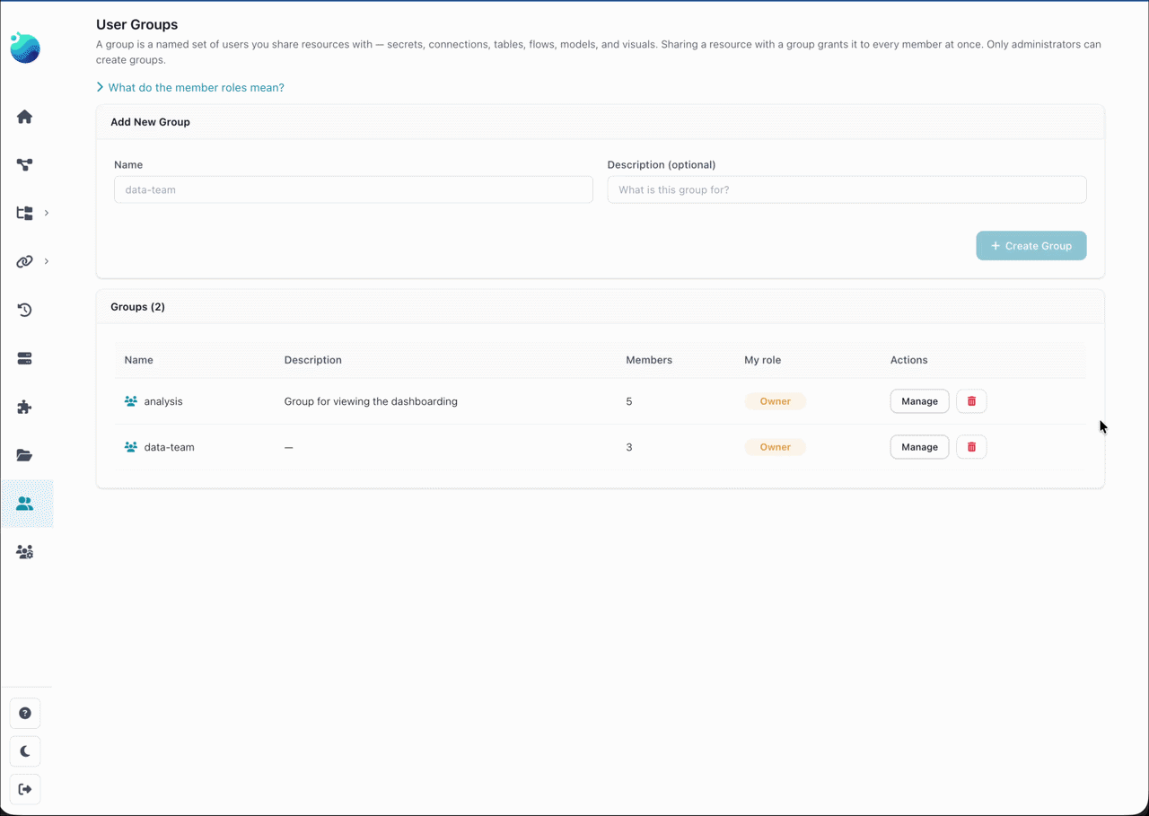 The User Groups admin view: groups with member counts and a create-group action.