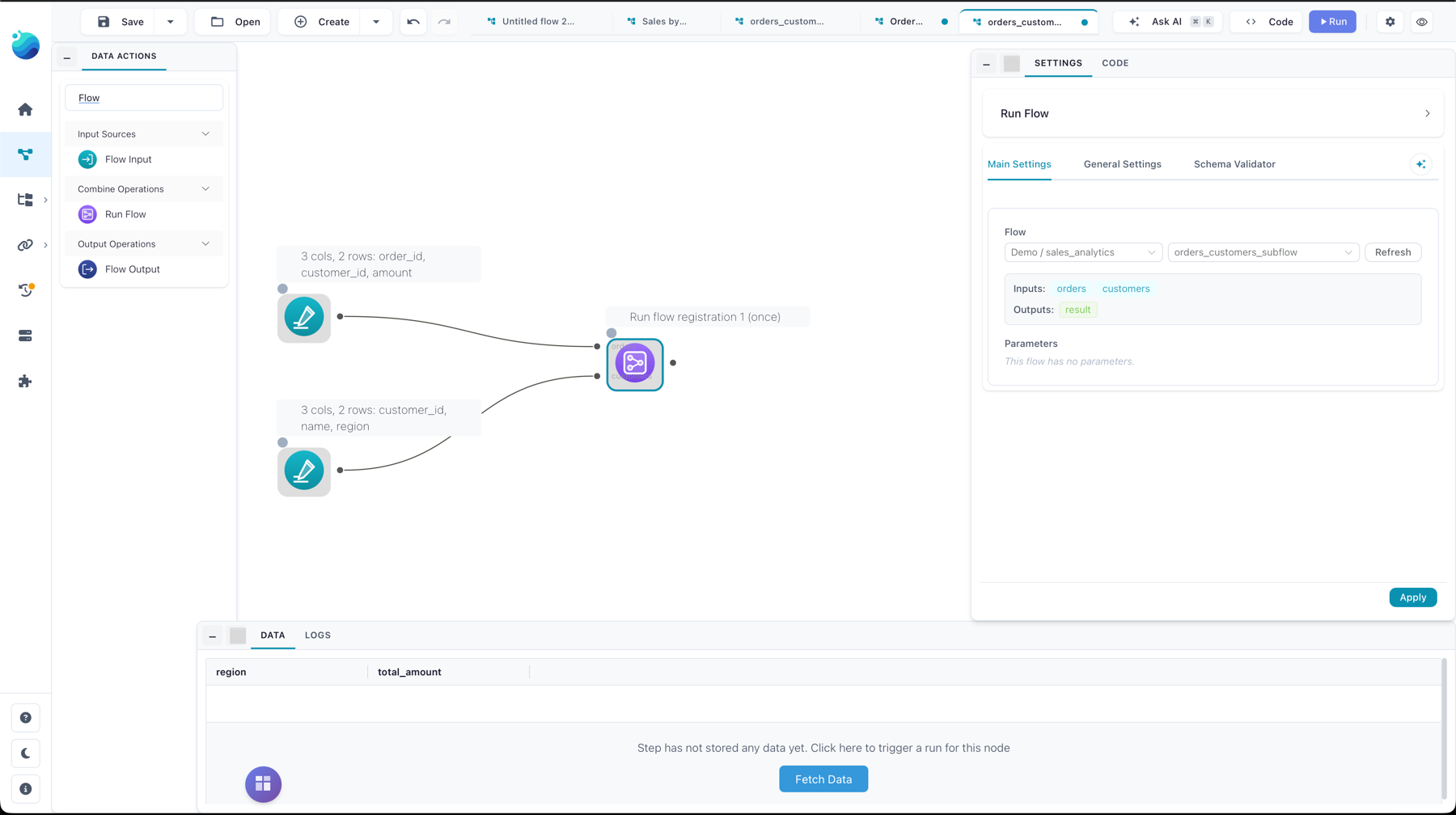 The Run Flow node settings drawer: the selected child flow, its input and output slots, and a parameter binding table.