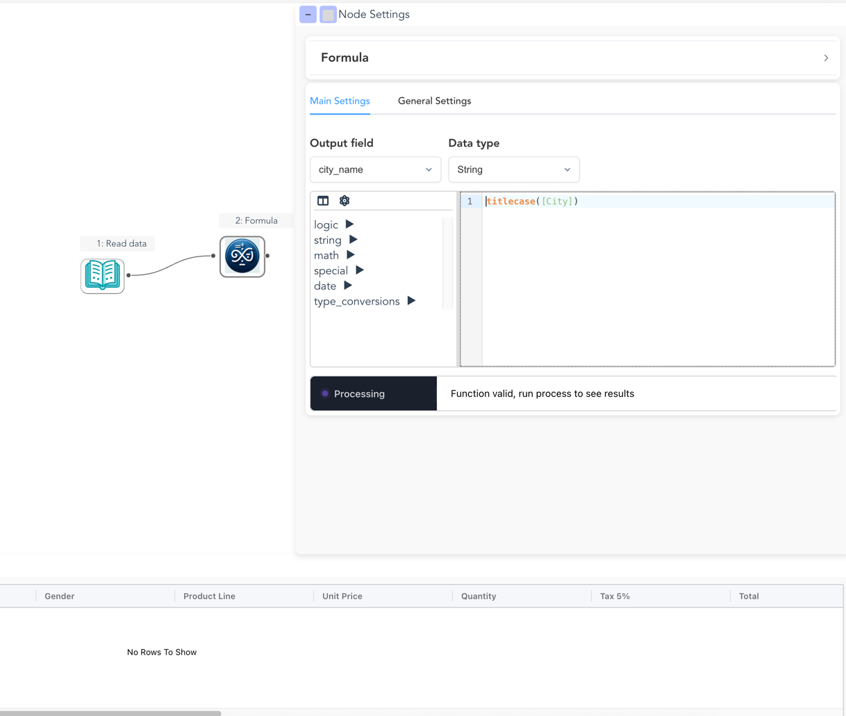 Node settings panel showing configuration options for a Formula node