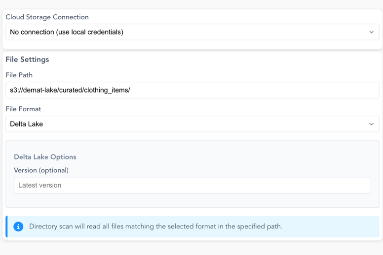 Screenshot of the Cloud Storage Reader configuration